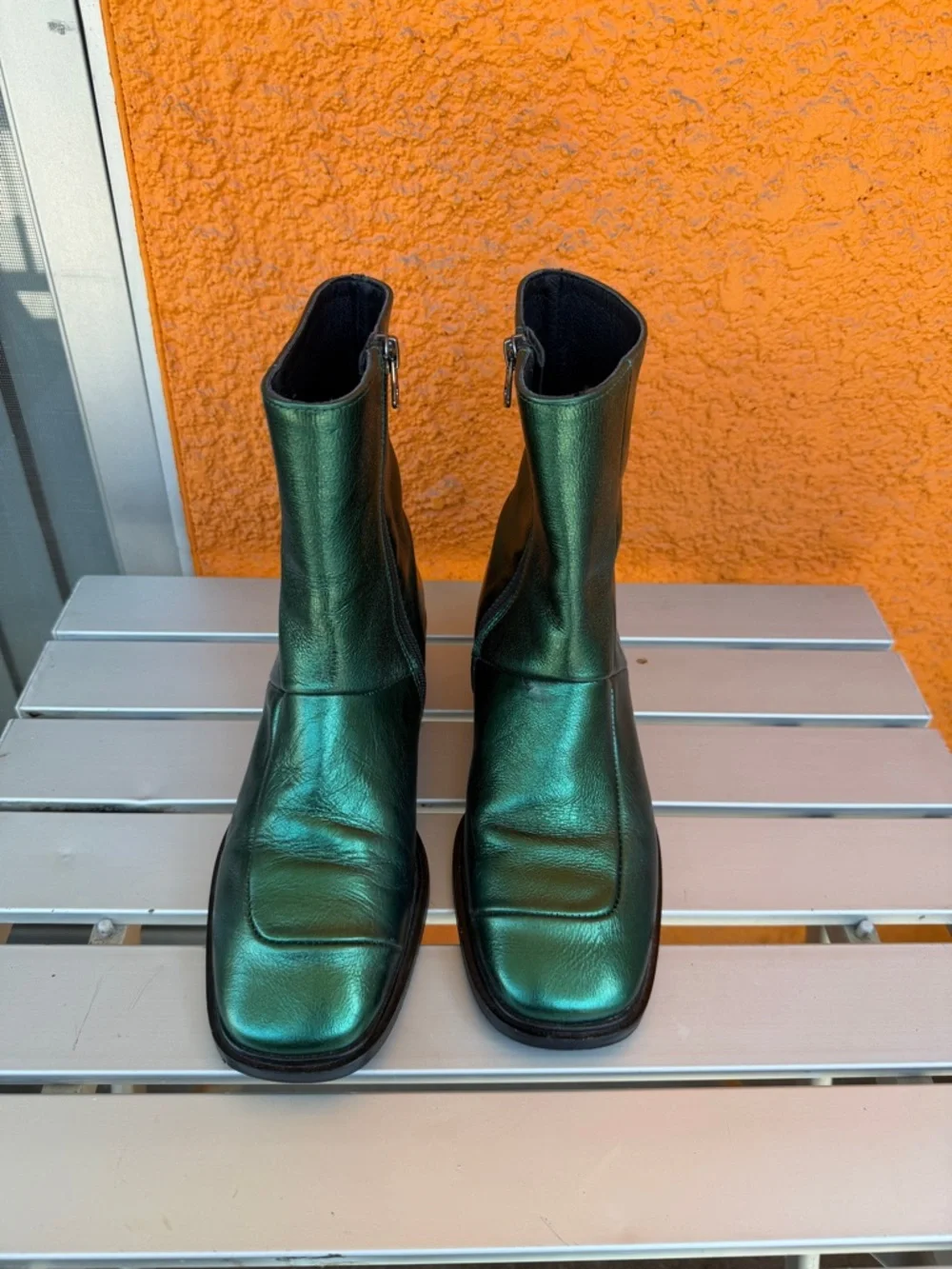 L-Intervalle Metallic Emerald‎ Green Stitched Ankle Boots Low Block Heel Zipper